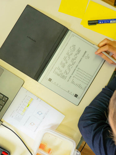 ein Schreibtisch von oben, auf dem ein Laptop, ein Tablet, Papier und Stifte sowie eine am Tisch sitzende Person zu sehen sind